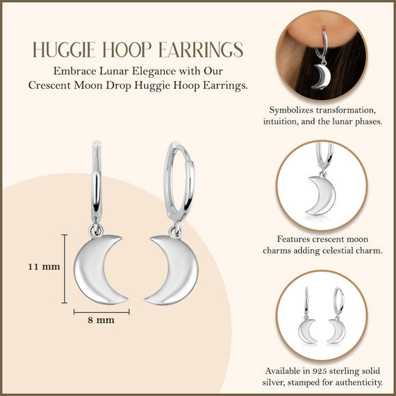 .925 Sterling Silver Crescent Moon Drop Huggie Hoop Earrings