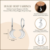 .925 Sterling Silver Crescent Moon Drop Huggie Hoop Earrings