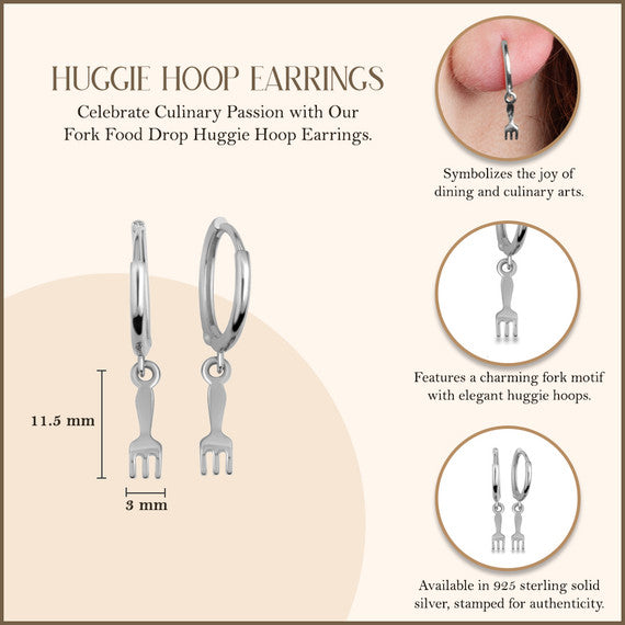 .925 Sterling Silver Fork Food Drop Huggie Hoop Earrings