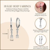 .925 Sterling Silver Fork Food Drop Huggie Hoop Earrings