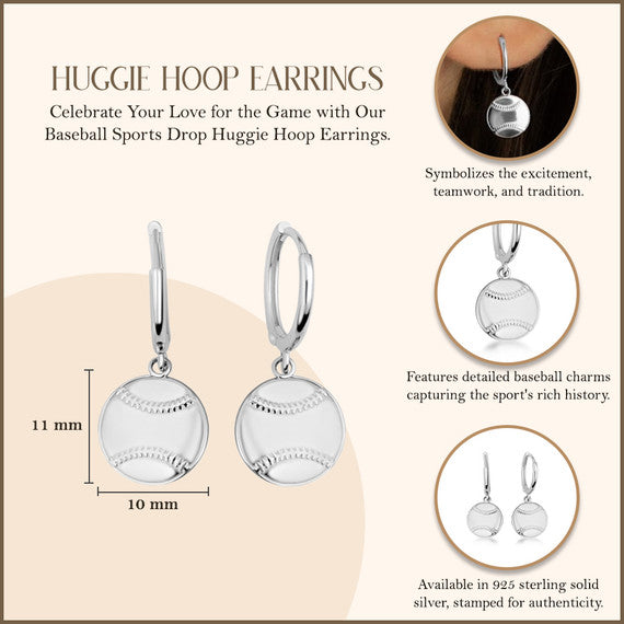.925 Sterling Silver Baseball Sports Drop Huggie Hoop Earrings