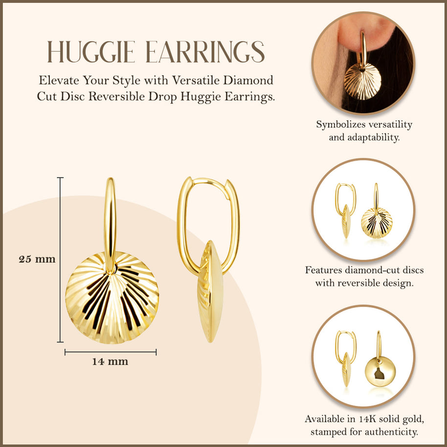 14K Yellow Gold Diamond Cut Textured Disc Drop Huggie Hoop Earrings
