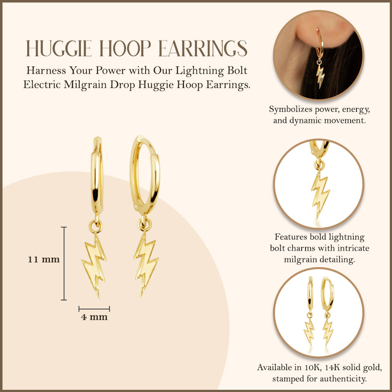 Yellow Gold Lightning Bolt Electric Milgrain Huggie Hoop Earrings