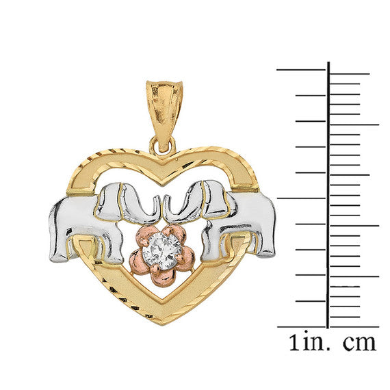 Tri-Color Gold Elephant Heart Flower Cubic Zirconia Pendant Necklace