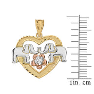 Tri-Color Gold Elephant Heart Flower Cubic Zirconia Pendant Necklace