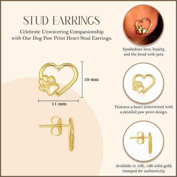 Yellow Gold Dog Paw Print Heart Stud Earrings