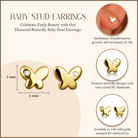 14K Yellow Gold Diamond Butterfly Baby Stud Earrings