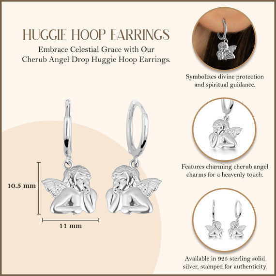 .925 Sterling Silver Cherub Angel Drop Huggie Hoop Earrings
