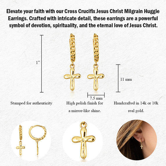 Yellow Gold Cross Crucifix Jesus Christ Milgrain Cuban Link Huggie Hoop Earrings