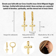 Yellow Gold Cross Crucifix Jesus Christ Milgrain Cuban Link Huggie Hoop Earrings