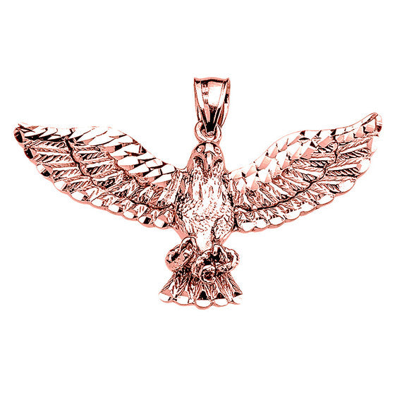 Gold Diamond Cut American Bald Eagle Pendant Necklace (Available In Yellow/Rose/White Gold)
