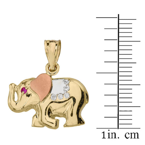Solid Three Tone Gold Elephant CZ Pendant Necklace