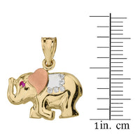 Solid Three Tone Gold Elephant CZ Pendant Necklace