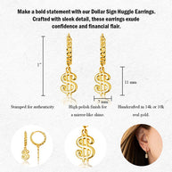 Yellow Gold Dollar Sign Cuban Link Huggie Hoop Earrings