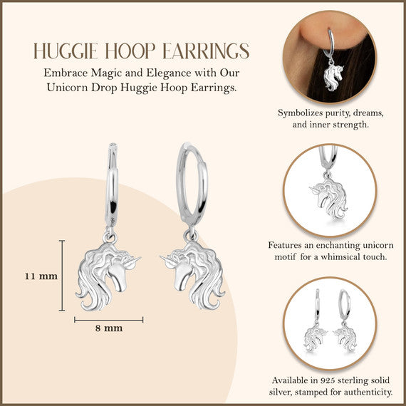 .925 Sterling Silver Unicorn Drop Huggie Hoop Earrings