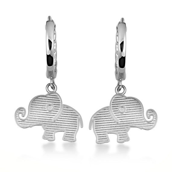 .925 Sterling Silver Elephant Wildlife Cuban Link Huggie Hoop Earrings