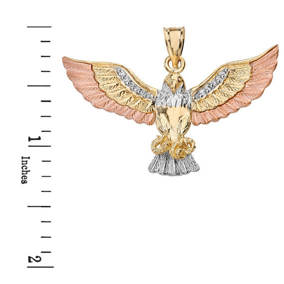 Tri-Color Gold Cubic Zirconia Eagle Textured Pendant Necklace