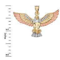 Tri-Color Gold Cubic Zirconia Eagle Textured Pendant Necklace