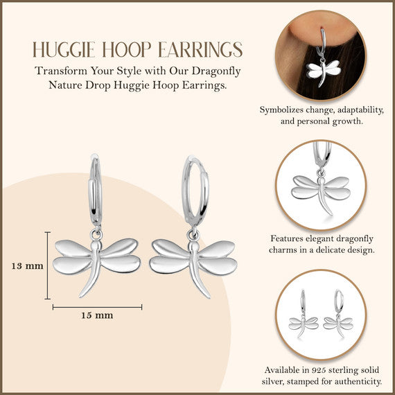 .925 Sterling Silver Dragonfly Nature Drop Huggie Hoop Earrings