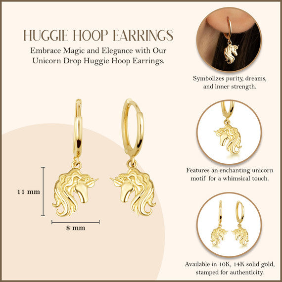 Yellow Gold Unicorn Drop Huggie Hoop Earrings