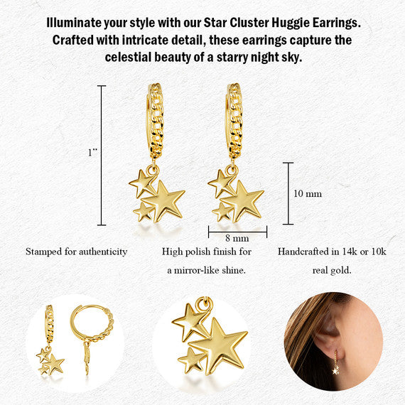 Yellow Gold Star Cluster Cuban Link Huggie Hoop Earrings