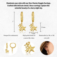 Yellow Gold Star Cluster Cuban Link Huggie Hoop Earrings