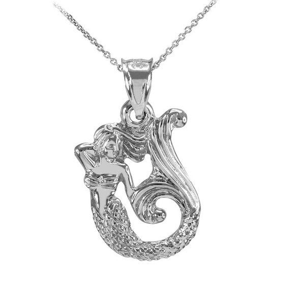 Gold Textured Fairytale Mermaid Pendant Necklace (Available In Yellow/Rose/White Gold)