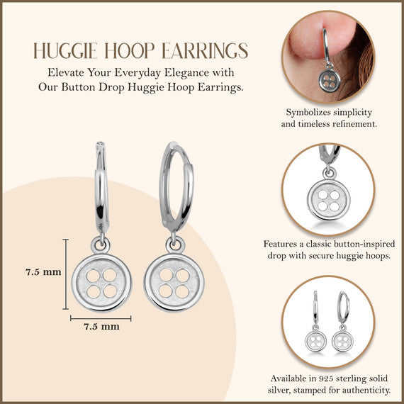 .925 Sterling Silver Button Drop Huggie Hoop Earrings