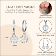 .925 Sterling Silver Button Drop Huggie Hoop Earrings