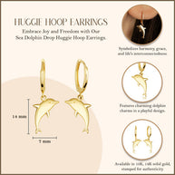 Yellow Gold Sea Dolphin Drop Huggie Hoop Earrings