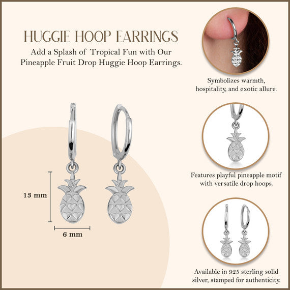 .925 Sterling Silver Pineapple Fruit Drop Huggie Hoop Earrings