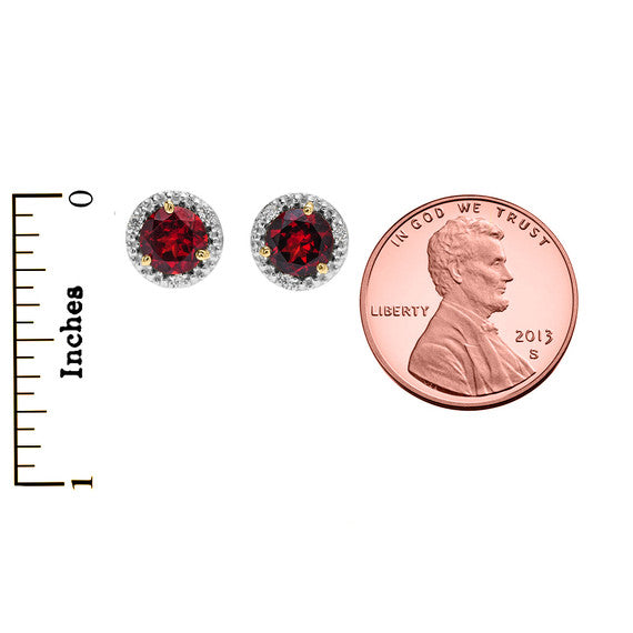 10K Halo Stud Earrings in Two Tone Yellow Gold with Solitaire Garnet and Diamonds