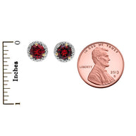 10K Halo Stud Earrings in Two Tone Yellow Gold with Solitaire Garnet and Diamonds