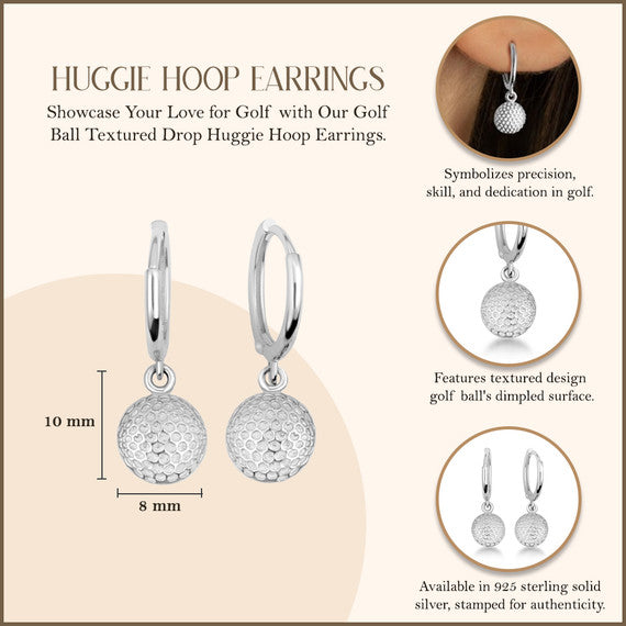 .925 Sterling Silver Golf Ball Textured Drop Huggie Earrings