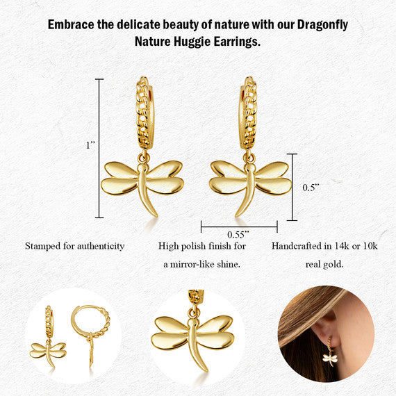 Yellow Gold Dragonfly Nature Cuban Link Huggie Hoop Earrings