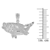.925 Sterling Silver Diamond Cut Bass Fish Pendant Necklace