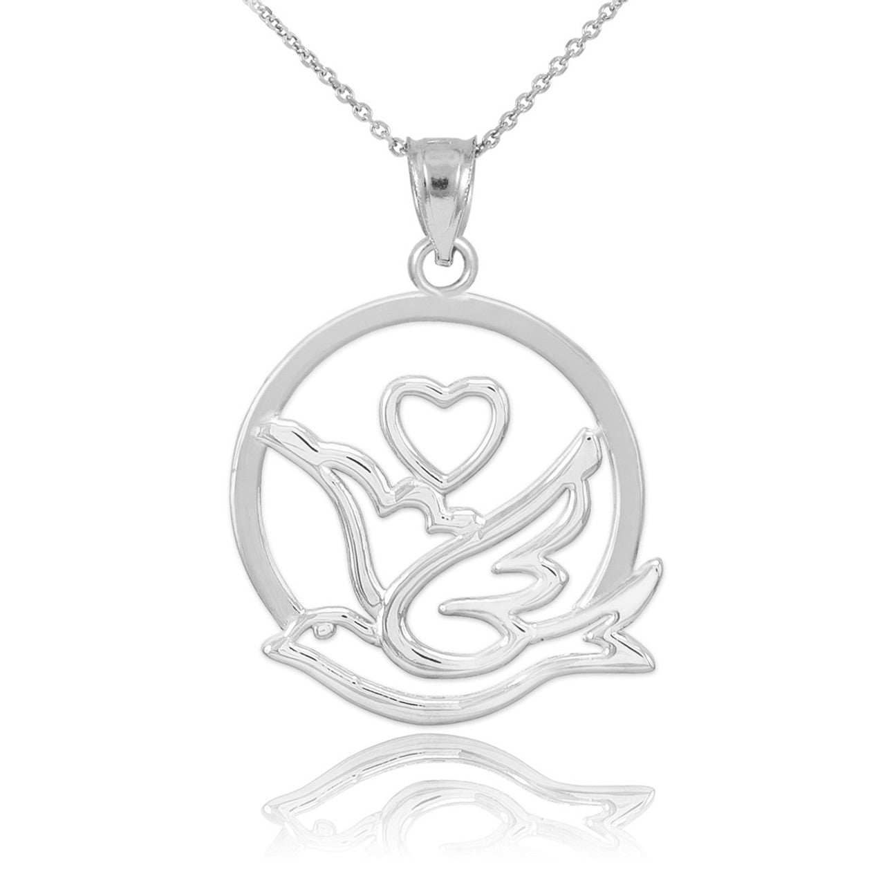 Gold Love Dove with Heart Pendant Necklace(Available in Yellow/Rose/White/Two-Tone)