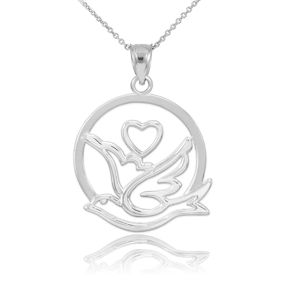 Gold Love Dove with Heart Pendant Necklace(Available in Yellow/Rose/White/Two-Tone)