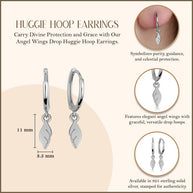.925 Sterling Silver Angel Wings Drop Huggie Hoop Earrings