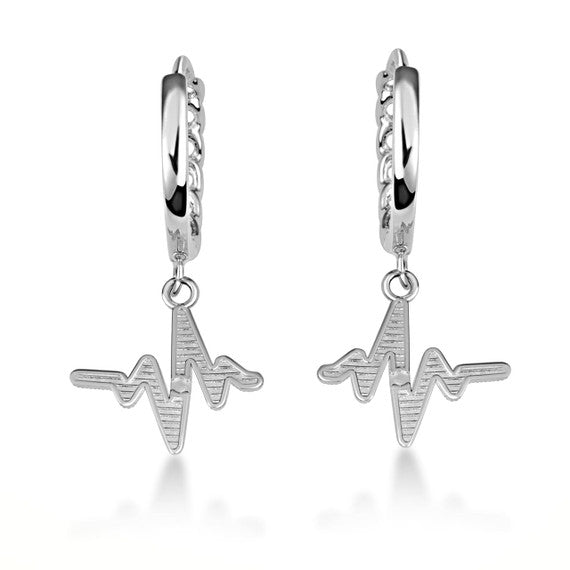.925 Sterling Silver Heartbeat Pulse Milgrain Cuban Link Huggie Hoop Earrings
