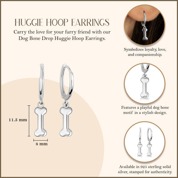 .925 Sterling Silver Dog Bone Drop Huggie Hoop Earrings