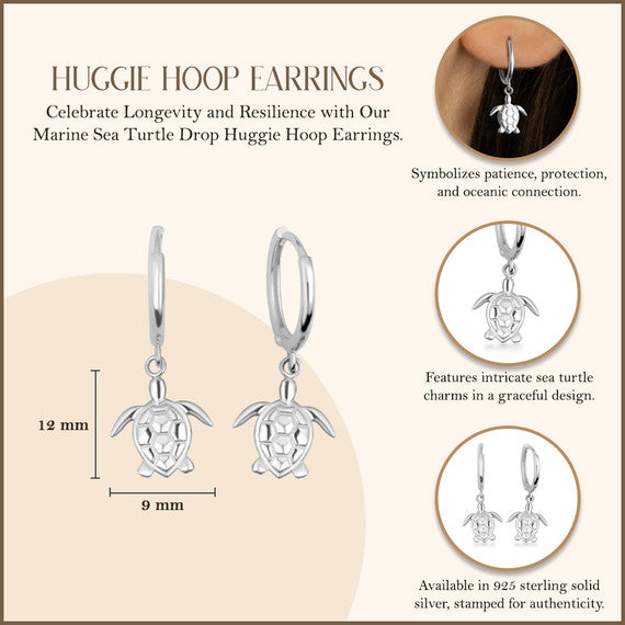 .925 Sterling Silver Marine Sea Turtle Drop Huggie Hoop Earrings