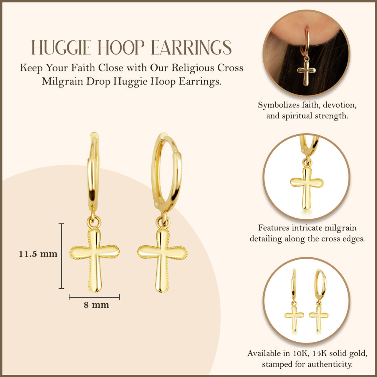 Yellow Gold Religious Cross Milgrain Drop Huggie Hoop Earrings