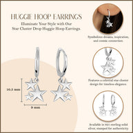 .925 Sterling Silver Star Cluster Drop Huggie Hoop Earrings