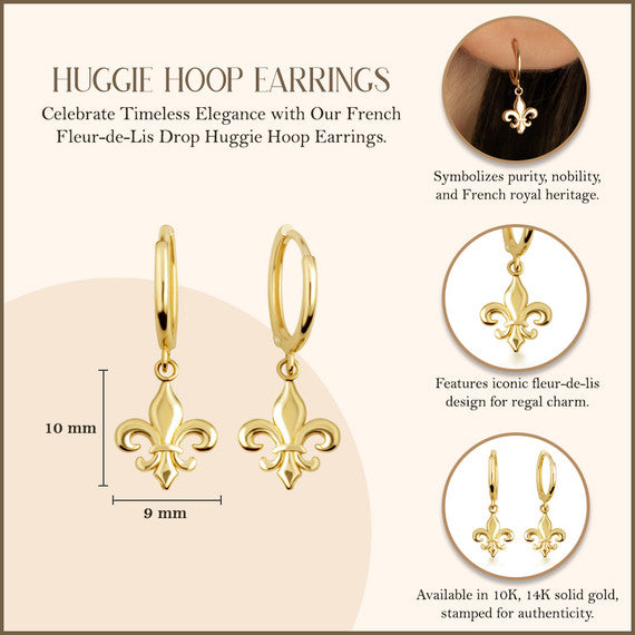 Yellow Gold French Fleur-de-Lis Drop Huggie Hoop Earrings