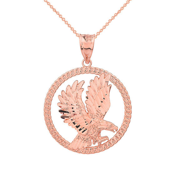 Solid Gold Rope Frame Diamond Cut American Eagle Circle Pendant Necklace (Available In Yellow/Rose/White/Two Tone Gold Gold)