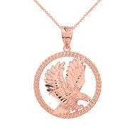 Solid Gold Rope Frame Diamond Cut American Eagle Circle Pendant Necklace (Available In Yellow/Rose/White/Two Tone Gold Gold)