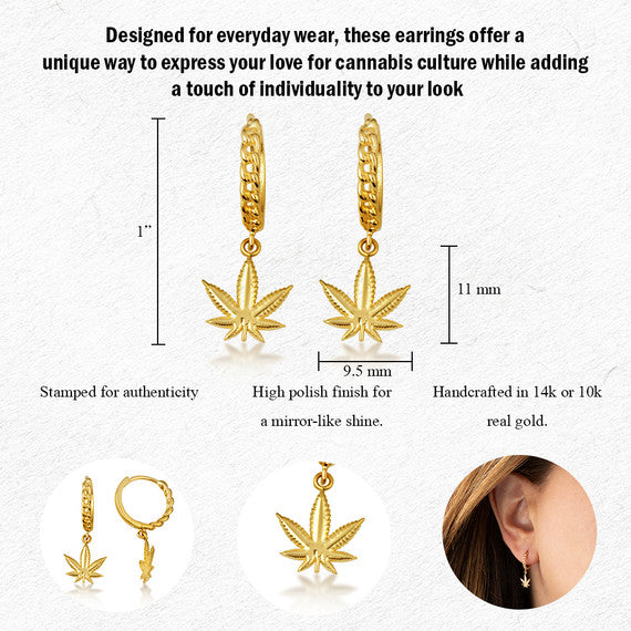 Yellow Gold Marijuana Leaf Cannabis Cuban Link Huggie Hoop Earrings