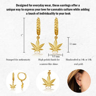 Yellow Gold Marijuana Leaf Cannabis Cuban Link Huggie Hoop Earrings