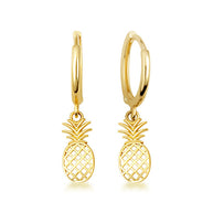 Yellow Gold Pineapple Tropical Fruit Drop Huggie Hoop Earrings